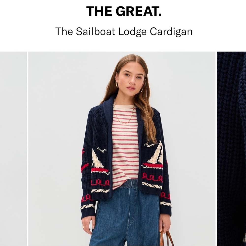 The Great Navy Sailboat Lodge Cardigan Size 3 = Large  Nautical Sweater - Picture 10 of 15